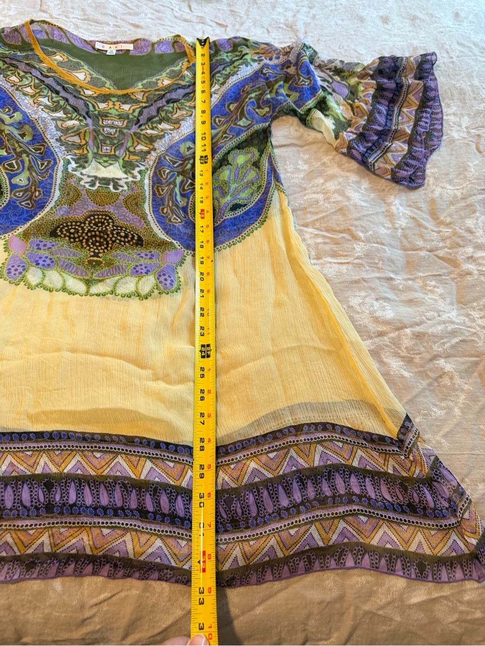 CAbi Vintage Boho Mini Dress, Yellow, Blue, Green & Purple Paisley, Size Medium - Picture 5 of 8
